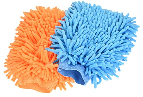 sourcing map Microfiber Soft Chenille Wash Mitten Double Sided Large Dusting Gloves for House Cleaning, Blue Orange 2in1 Set