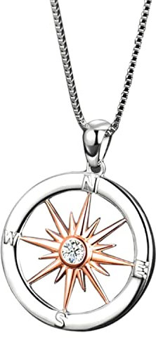 Sterling Silver Compass Design Necklace With Rose Gold Plated Sun Set With Cubic Zirconia Stone. Includes 45cm 925 Silver Box Chain and Jewellery Gift Box.