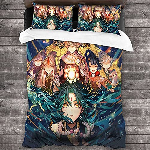 ANSSON Genshin Impact Kinder Bettwäsche 135x200cm,Zhong Li/Xiao/Ganyu Bettbezug + 2 Kissenbezug 80x80,Spielfans Mikrofaser Bettwäsche-Sets (Single 135x200, Genshin1)