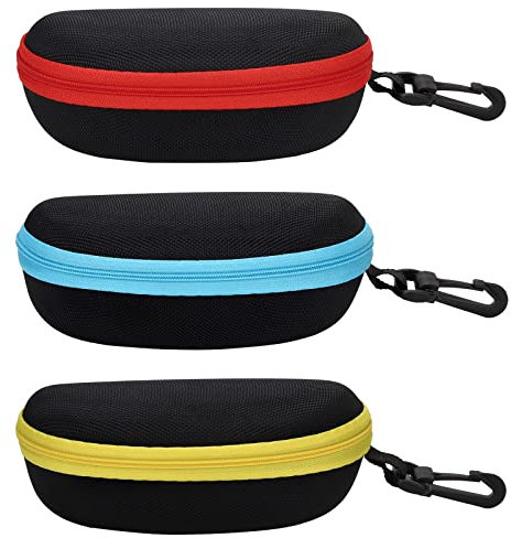 molshine 3-teiliges tragbares Hartschalen-Sonnenbrillen etui, Brillenetui mit Reißverschluss und Haken für Damen und Herren, Reisen, Sport (Rot & Gelb & Hellblau)