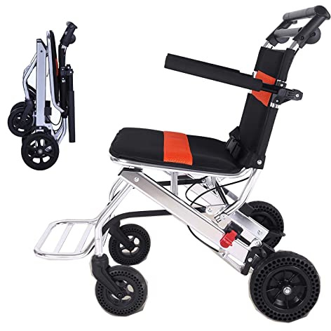 Bueuwe Tragbarer Faltrollstuhl, Reiserollstuhl mit Handbremse, Ultraleichter Rollstuhl für ältere Menschen und Kinder, Einfacher Reisetrolley (mit Tasche),D