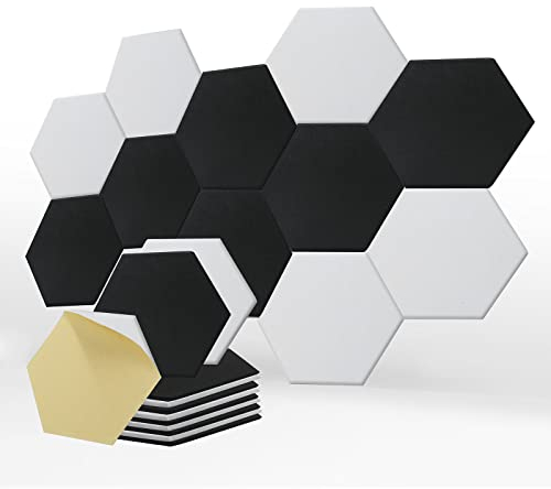 SK Studio 12 pièces Panneaux Acoustiques Hexagonal Auto-Adhésif, Mousse Acoustique Haute Densité pour la Décoration Murale et Le Traitement Acoustique, 30x25x0.9cm Noir + Blanc