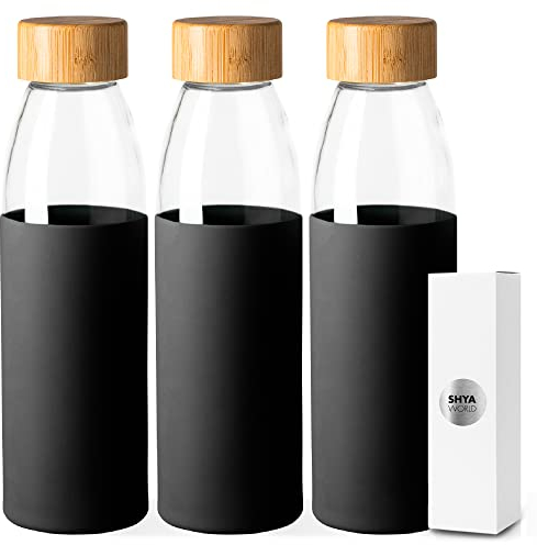 ShyaWorld Botella De Cristal Con Funda De Silicona Neopreno para Agua Con Cuerpo Transparente y Acabado en Color. Reutilizables. Tapón De Rosca Efecto Bambú Madera. 540 ml. (3 UNIDADES, NEGRO)