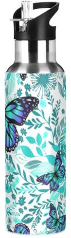 ZZKKO Water Bottle with Straw Butterflies Blue Floral Stainless Steel Iron Flask Capsule Water Bottle Daily Water Intake Bottle Thermos Kids Cups No Spill Women Adult 20OZ/600ML