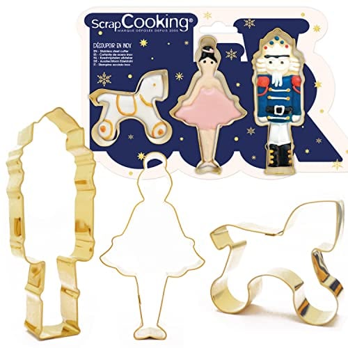 ScrapCooking 2087 - Juego de 3 cortadores de galletas de acero inoxidable dorado - Cascanueces, bailarina & caballo - Moldes pequeños pasteles - Accesorios pastelería Navidad cumpleaños Deco