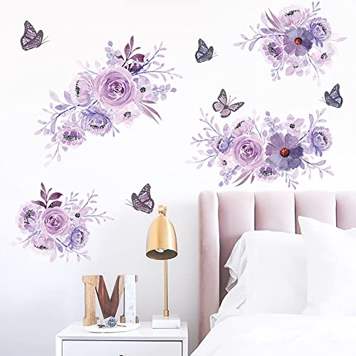 Runtoo Wandtattoo Blumen Lila Wandsticker Schmetterling Pfingstrosen Blüten Wandaufkleber Wohnzimmer Schlafzimmer Kinderzimmer Babyzimmer Wanddeko