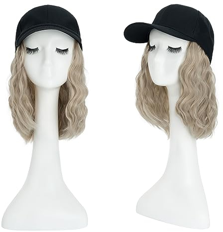 TESS Extensions mit Baseball Cap 20 cm, weiß blond balayage Cap mit Haaren Damen Kurz Gewellt, Verstellbar, Mottoparty, Karneval Hat Perücken für Frauen Mütze mit Haaren