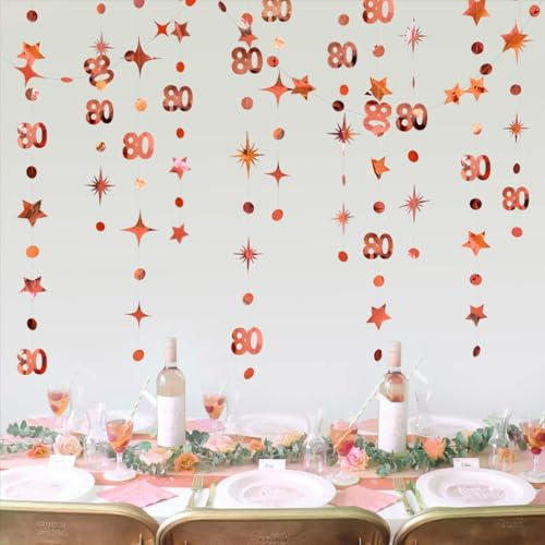 Rose Gold 80. Geburtstag Dekorationen Nummer 80 Kreis Dot Twinkle Star Girlande Metallic Hanging Streamer Banner Hintergrund für ihren schmutzigen 80-jährigen Geburtstag 80 Jahre Party Supplies