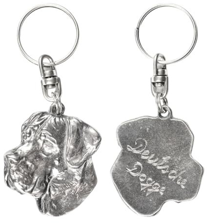 Art-Dog Niedlicher Hundeschlüsselanhänger - Exklusive Kollektion Deutsche Dogge (Unkupierte Ohren) Schlüsselanhänger Hund - Versilberte Keyring mit 2,5 Schloss - 4,6x3,9x8,9cm