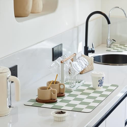 Ohocut Checked Draining Mat, Absorbent Drainer Mat for Kitchen Counter, Coffee Machine, Dish Drainers, Cute Aesthetic Retro Checkered Dish Drying Mat, Sage Green, 30x50cm