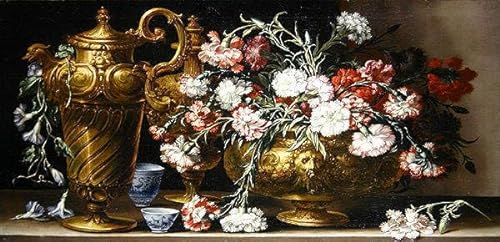 MiguOo Arte de Pared de Póster Arte de la Pared Pintura Clásica Bodegón con rosas en un estuche y un aguamanil florentino en una cornisa de Bartolomeo Bimbi para Decoración de Oficina 60x90cm