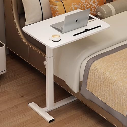 BeGyoku Overbed Table,Hospital Bed Table,Over The Bed Table with Hidden Wheels&Cup Holder,Adjustable Bedside Table and Rolling Bed Table Tray&Laptop Cart,Hospital Table Over Bed for Home Use-White
