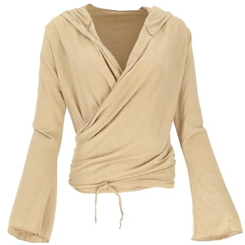 GURU SHOP Wickelshirt, Yogashirt, Langarmshirt mit Trompetenärmeln - Beige, Damen, Baumwolle, Size:M