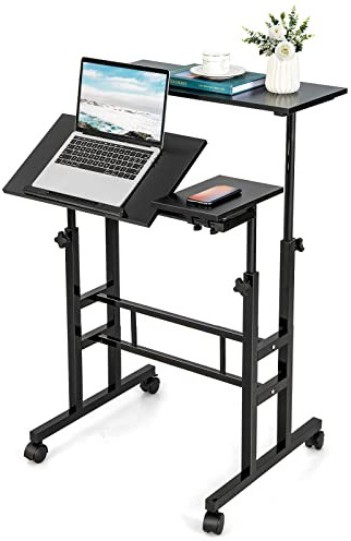 COSTWAY Height Adjustable Standing Desk, Mobile Laptop Table Computer Desk with Flip-over Desktop and Wheels, 2-Tier Laptop Cart Sit Stand Desk Writing Workstation for Home Office (Black)