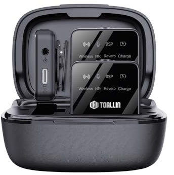 TOALLIN TM7 Wireless Lavalier Microphone with Charging Case, Dual Channel Wireless Lapel Mic with Noise-Cancellation for Smartphones & Cameras, Lavalier Mic for Streaming, Vlogging & Recording