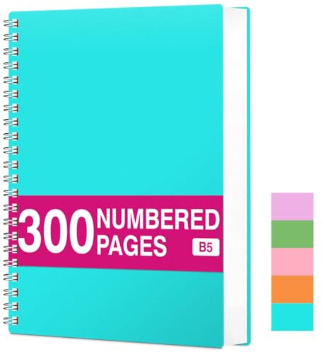 RETTACY Notizblock B5 Kariert, Spiralblock Notizbuch 100gsm mit 300 Seiten/150 Blatt zum Zeichnen, Kunststoff PVC Hardcover, zum Tagebuch, College,Konferenz, Reise, 19 X 25 cm -Türkis