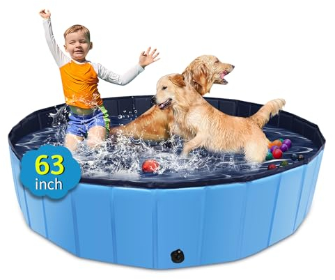 CACSPS Piscina Plegable para Perros de 160cm Pulgadas, Piscina portátil de plástico Duro de Gran tamaño para Perros, Gatos y niños y Mascotas, bañera de baño Plegable para Cachorros (Azul)