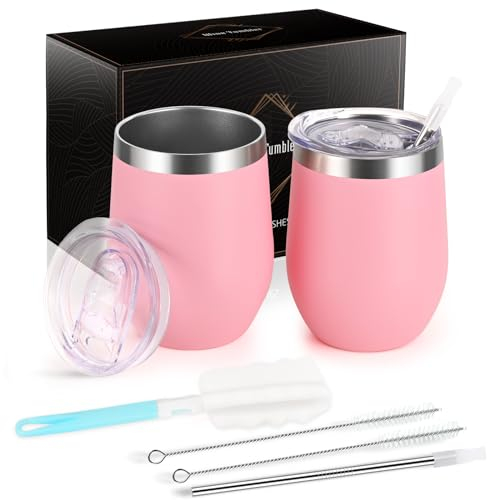 Joymaking 12oz Reusable Coffee Cup, 2 Pack Double Walled -Insulated Travel Mug Vacuum Stainless Steel Wine Tumbler with Spill Proof Lid, Great for Coffee, Tea, Milk and Wine, Pink