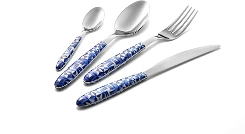 Eme P13BVR/TG28 Servizio Posate 6 Coltello 6 Forchetta 6 Cucchiaio 6 Cucchiaino Confezione Vetrina 24 Pezzi Modello Vero Triangle Decoro Stampa Sublimatica Colore Blu, Nichel Free