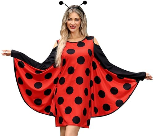 Maisolly Halloween Damen Marienkäfer Cosplay Kostüm Umhang Umhang Poncho Fledermausflügel Ärmel Party Cold Shoulder Kleid M
