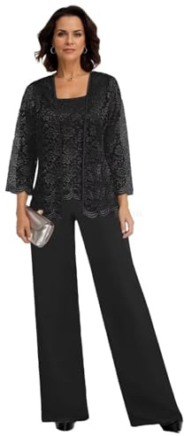JAEDEN Damen Hosenanzug 3 Teilig Brautmutter Anzug Chiffon Festlich Hochzeit Hosen Set Schwarz 44