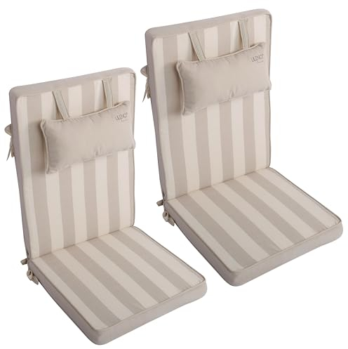 LILENO HOME Gartenstuhl Auflagen mit Kopfkissen [2er Set - Hochlehner] in Blockstreifen Beige - Sitzauflagen für Gartenmöbel - Stuhlkissen für Gartenstühle und Klappstühle Dub