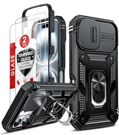 LeYi for iPhone 16 Case with Camera Cover Slider, 360° Full Body Armour Military Protective Tough Hard Phone Cover | 2 Tempered Glass Screen Protector | Ring Stand Holder for i Phone 16 Black