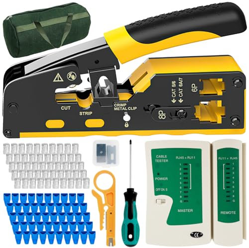 Kit Strumento Crimpatura, Pinza Crimpatrice RJ45 Pass Through Multifunzione Spelafili, per Cavo Rete CAT5 CAT6/CAT7 Kit di Strumenti di Rete, con 50pz Connettori Cat5