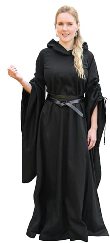 Battle-Merchant - langes Mittelalterkleid Isra mit Trompetenärmeln und großzügiger Kapuze für Damen - für Karneval, Halloween, LARP (M, Schwarz)