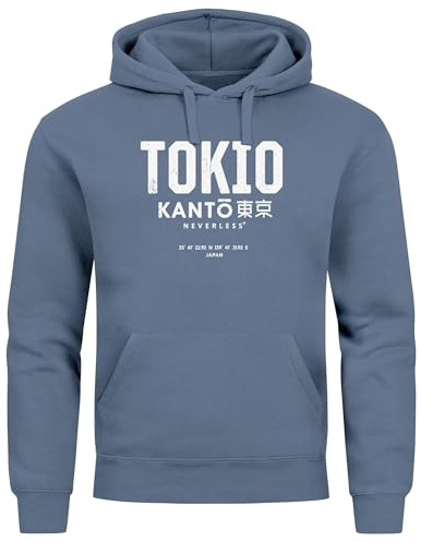 Neverless® Hoodie Herren Frontprint Tokyo Japan Japanische Schriftzeichen Grafik Print Fashion Streetstyle Männer Indigo-Blue S