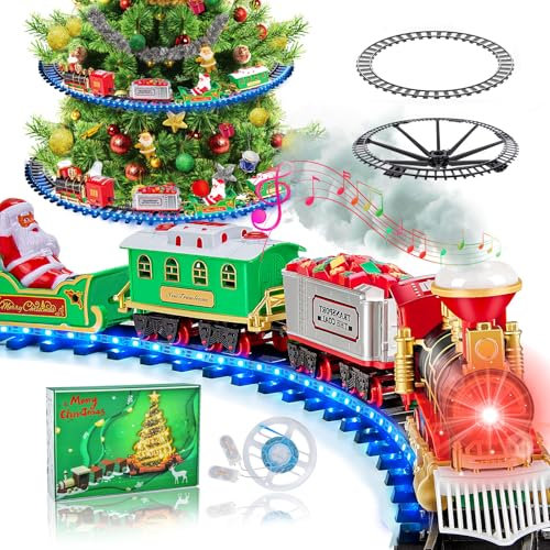Buzzoxerex Tren Arbol de Navidad Electrico, Comboio para árvore de Natal, Tren Navideño para Arbol con Luces LED Azules, Tren Electrico Juguete Niños con Spray y Sonido