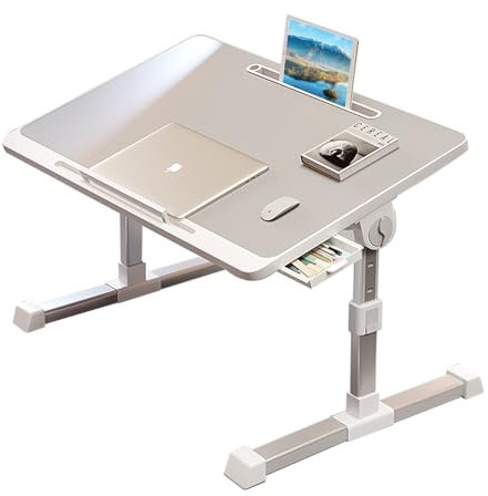 Laptop Table, Bed Table, Laptop Tray with Drawer, Bed Desk with USB Ports Handle, Laptop Table for Sofa, Adjustable & Foldable Aluminium Legs for Eating, Working, Writing (60x40cm/23.62x15.74in) Grey