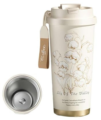 Lily of the Valley Mug, 500ml Stainless Steel or Ceramic Liner, Elegant Floral Design, NEW Tea and Coffee Travel Cup with Built-In Infuser, Insulated Tumbler for Women (White stainless steels)
