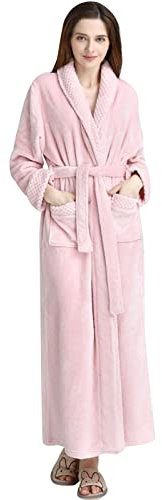 Vestaglia invernale da donna in caldo pile lungo, vestaglia da donna extra lunga comoda flanella pelosa accappatoio con tasche sexy slim fit camicia da notte morbida vestaglia in peluche, rosa, L