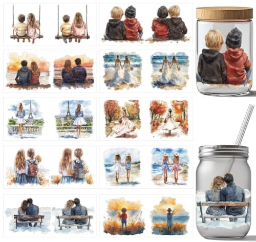 arricraft 10 Stück UV Transferpapier Für Den Human Cup Druck 10 Stile „Back View Sisters“ Aquarell Illustration UV DTF Cup Wrap Aufkleber Für 16 Unzen Glasbecher Basteln