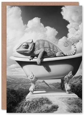 Artery8 Greeting Card Large Chameleon in Bathtub Black White Surreal Blank For Him Or Her Art Birthday Card