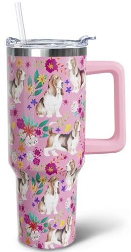 puhnhsv 40 oz Basset Hound Tumbler with Handle, Insulated Stainless Dog Tumbler Coffee Travel Mugs Cup Water Bottle Basset Hound Lovers Gifts for Women Girls