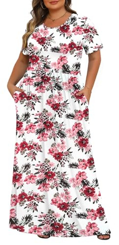 Tencede Womens Plus Size Maxi Dresses Summer 2026 Casual Short Sleeve with Pockets Long Dress 1X-5X, Begonia Flower, XL