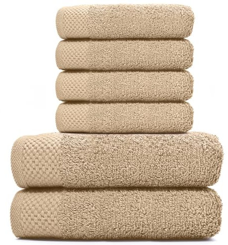 HIPERMANTA Paquete de 6 Toallas (4 Toallas Lavabo 50x90 y 2 Ducha 70x140) 100% Algodón. Toallas Suaves, Hostelería Hotel y Absorbentes. Rizo Americano. Color Beige Visón