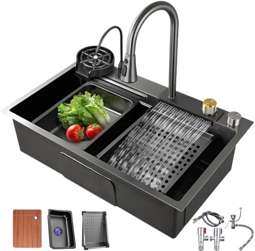 Fregadero inteligente multifunción 80x50 Negro，Fregadero de cocina de 1 cubeta，Con juego completo de accesorios para fregaderos de cocina, comedor (Gris oscuro, 68X45CM)