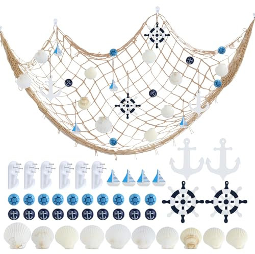 Fischernetz Deko Set, 2m*1m Cotton Fishing Net mit Muschel, Segelboot, Ruder, Anker und Nicht Markierenden Haken für Heimdekoration, Strandpartys, Hochzeiten