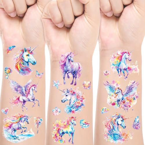 Einhorn Tattoos Mädchen, 12 Blätter Glitzer Tattoo Set Kinder, Einhorn Geschenk Geburtstagsdeko Mitgebsel Kindergeburtstag, Hautfreundliche Temporäre
