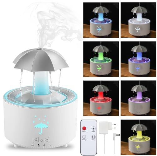 WIYETY Regenschirm Luftbefeuchter: 300ml Rotierender Luftbefeuchter mit Fernbedienung, 7-Farben LED Aromatherapie Diffusor Tropfenbefeuchter für Schlafzimmer und Wohnzimmer