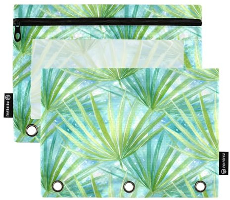 Mnsruu Astuccio per matite con motivo foglie di palma per raccoglitori a 3 anelli con cerniera, confezione da 2 astucci con finestra trasparente, astuccio per cosmetici per ufficio e università