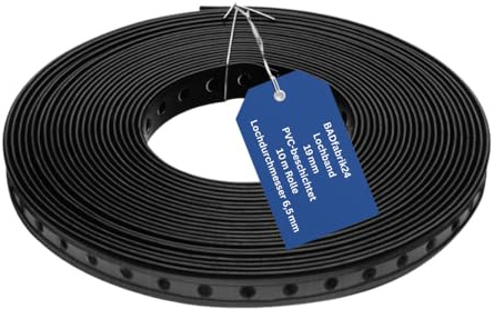 BADfabrik24 Lochband PVC-beschichtet 10 m – 19 mm breit, Loch Ø 6,5 mm, schwarz, kunststoffummantelt – flexibles Befestigungsband für Sanitär/Heizung/Elektro, kanten-schonend & korrosionsarm