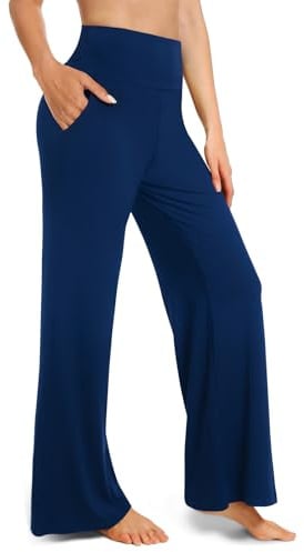BLONGW Yoga Pants for Women Wide Leg Trousers UK–High Waist Work Casual Pants with Pockets, Navy Blue Womens Trousers, Perfect Woman Outfit for Thanksgiving & Going-Out(Large)