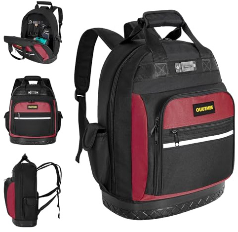 FREEAMG Werkzeugrucksack mit Gummiboden, Werkzeugtasche für Elektriker, Robuster Werkzeugrucksack Organizer mit Gepolsterten Schultergurten für Bauarbeiter (Rot)