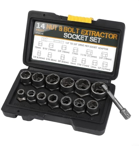 GLFLOW 14-teiliges Schrauben- und Schraubenausdreher-Set Cr-Mo HSS metrische und SAE-Größen mit 3/8-Zoll-Antrieb für Automobil- und Heimreparatur, schwarz