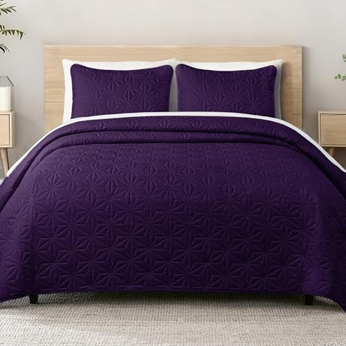 Whale Flotilla Tagesdecke Bettüberwurf 240x260 cm mit 2 Kissenbezüge | Weiche und Leichte Steppdecke, Bedspread mit Geometrischem Muster, für 4 Jahreszeiten, Violett