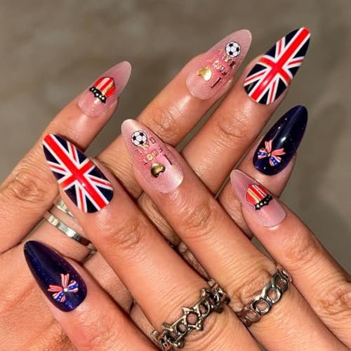 24 PCS Press On Nails, Almond-Shaped Medium-Length Artificial Nails, British Union Jack Design, Football and Bow Nail Art, Patriotic Style, Nail Art Design for 2026 World Cup
